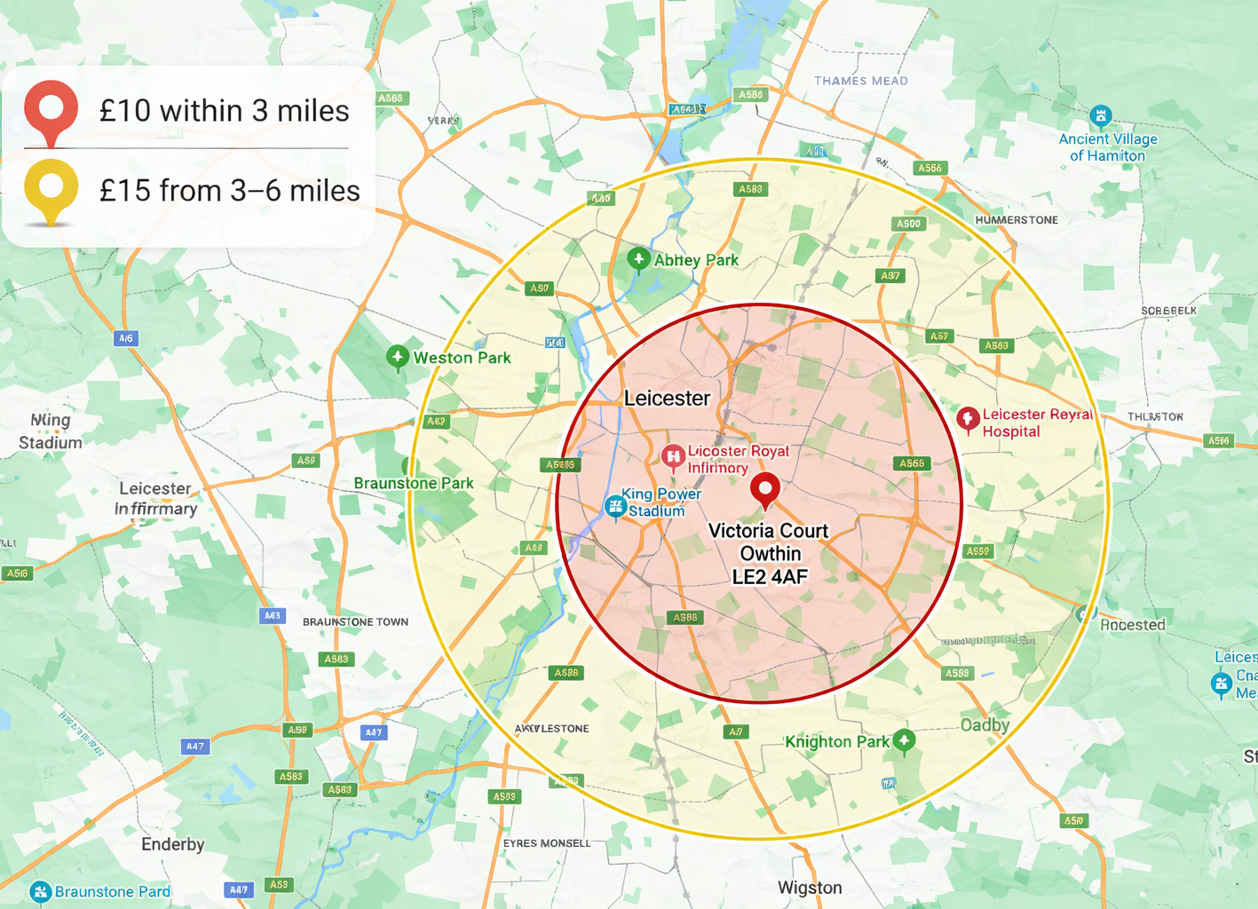 Delivery zones map: £10 within 3 miles, £15 from 3–6 miles